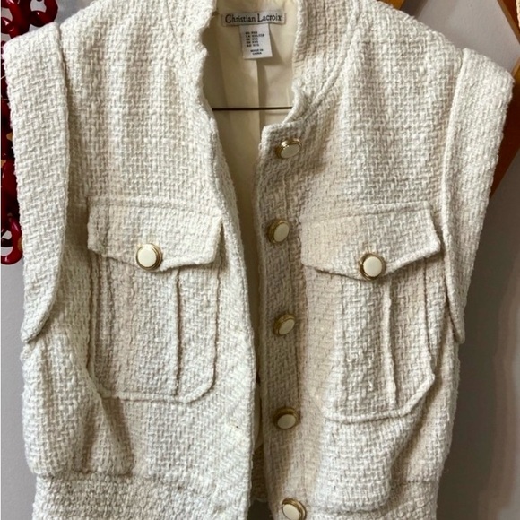 Christian Lacroix Jackets & Blazers - CHRISTIAN LACROIX - Chic Designer Cream Tweed Sleeveless Jacket
